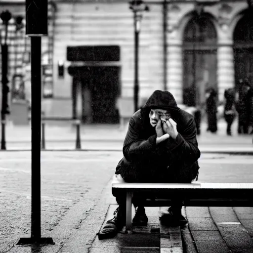 Prompt: black and white fashion photograph, highly detailed portrait of a depressed white drug dealer sitting on a bench on a busy Paris street, looking into camera, eye contact, natural light, rain, mist, lomo, fashion photography, film grain, motion blur, soft vignette, sigma 85mm f/1.4 1/10 sec shutter