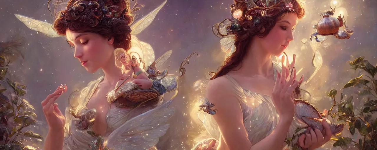 Image similar to a beautiful fairy next to a giant snail with sparkles, D&D, fantasy, intricate, cinematic lighting, highly detailed, digital painting, artstation, concept art, smooth, sharp focus, illustration, art by Artgerm and Greg Rutkowski and Alphonse Mucha