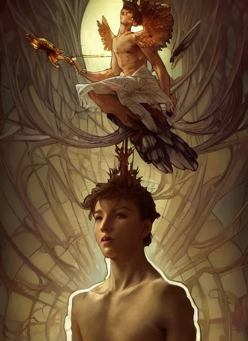 Prompt: digital character concept art by artgerm and greg rutkowski and alphonse mucha. portrait of a young 1 3 year old boy, a young god, icarus with mechanical bird wings, beautiful, holding a staff, boy, detailed, poster art, light effect, glowing, hyper detail, intricate, elegant, digital painting, artstation, smooth, sharp focus