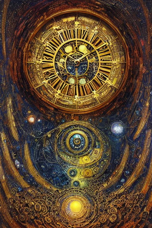 Image similar to The Tomorrow Machine by Karol Bak, Jean Deville, Gustav Klimt, and Vincent Van Gogh, otherworldly, fractal structures, arcane, clockface, spiral clock, inferno, inscribed runes, ornate gilded medieval icon, third eye, spirals