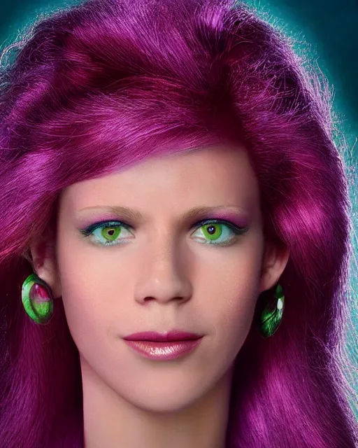 Image similar to dramatically - lit closeup portrait photograph of daphne from the scooby - doo live - action film ( 2 0 0 2 ), sharp details, vignette, high saturation, smooth textured skin, subsurface scattering, purple outfit, photograph by mark mann and martin schoeller and annie leibovitz, 4 k, soft focus, centered, symmetrical