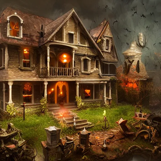 Prompt: spooky House party, Fantasy Hyper detailed digital matte painting, concept art, hyperrealism, Cinema 4D, 8k resolution, 64 megapixels, coherent, bokeh, CGSociety, ZBrush Central, behance HD, hypermaximalist, a masterpiece, 4K