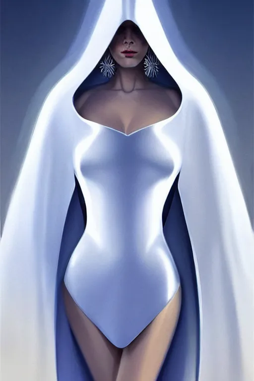 Image similar to detailed beautiful noun in opened white gold blue coat, seductive confident pose, attractive feminine curves, intricate details, futuristic, alien, elegant cape, elegant, photorealism, trending on artstation, sharp, holy halo, advanced technology, art by moebius and vitaly bulgarov and chanthara