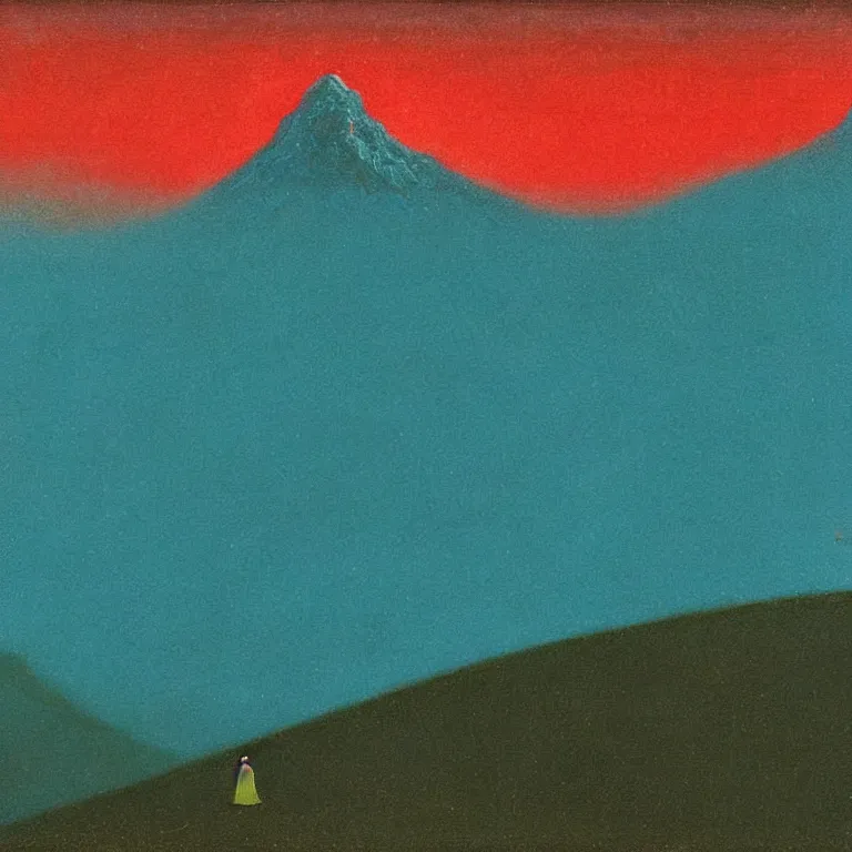 Image similar to a small figure staring at a giant mountain, bell curve, glowing, arkhip kuindzhi painting, teal palette, eschaton