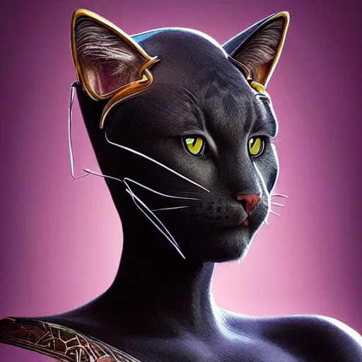 Image similar to “ full body of a very strong and thin feline human female with beautiful face, bald head with exotic headdress, dark black skin, exotic costume, fantasy digital art by randy vargas, concept art, featured on artstation ”