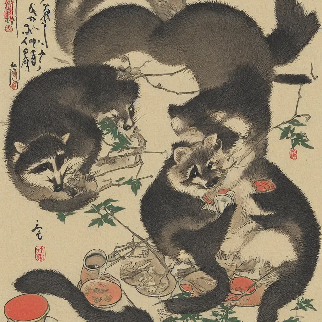 Image similar to little raccoon sitting by a cozy fireplace with a cup of tea. warm color temperature. ukiyo - e,