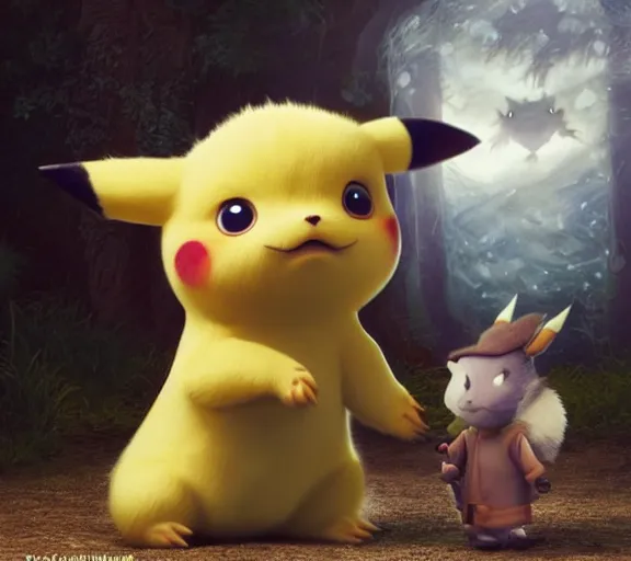 Image similar to epic fantasy comic book style portrait painting of a giant feral pikachu holding a tiny misty in his hand, by mark ryden and pixar and hayao miyazaki, unreal 5, daz, hyperrealistic, octane render, cosplay, rpg portrait, dynamic lighting, intricate detail, cinematic