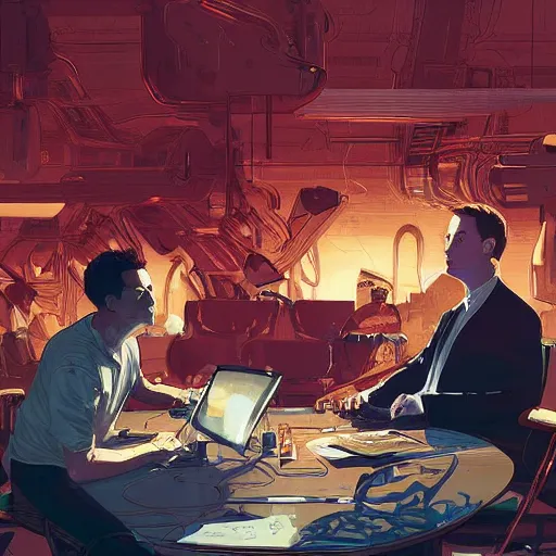 Image similar to cell shaded illustration of a meeting between elon musk, mark zuckerberg, jeff bezos, very detailled, by artgem, greg rutkowski, by atey ghailan, by greg tocchini, by james gilleard, by joe fenton, by kaethe butcher