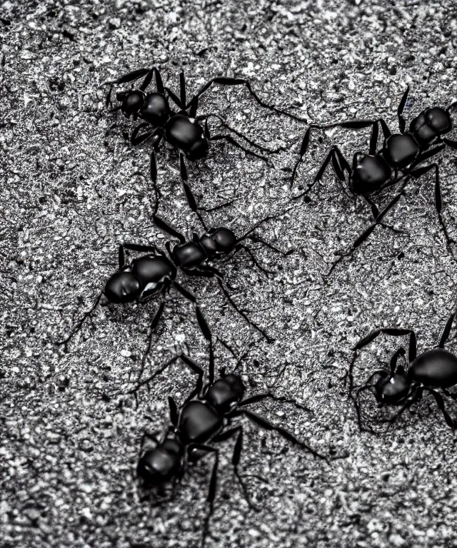 Prompt: high quality presentation photo of cute anthropomorphic black ants eating alien bugs, photography 4k f1.8 anamorphic bokeh 4k Canon Nikon