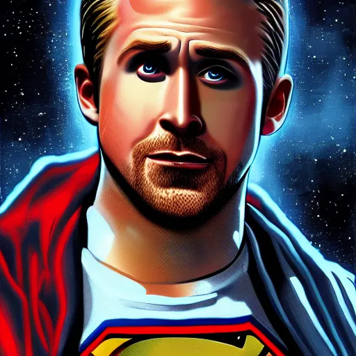 Prompt: Ryan Gosling destroys Superman, digital painting, artstation