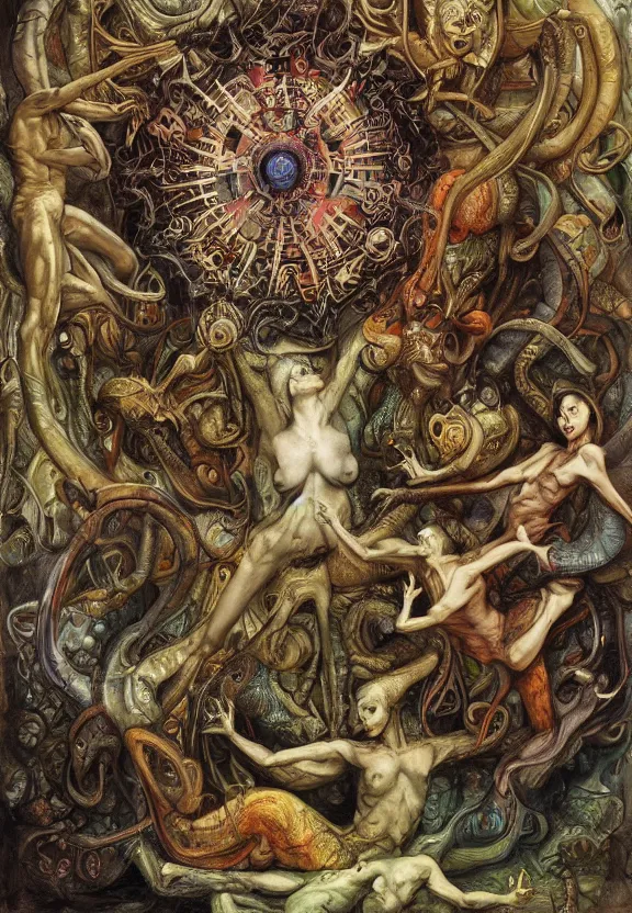 Image similar to simplicity, colorful muscular eldritch animals and bodies radiating spiral, mandala white bones, by h. r. giger and esao andrews and maria sibylla merian eugene delacroix, gustave dore, thomas moran, pop art, chiaroscuro, biopunk, art nouveau