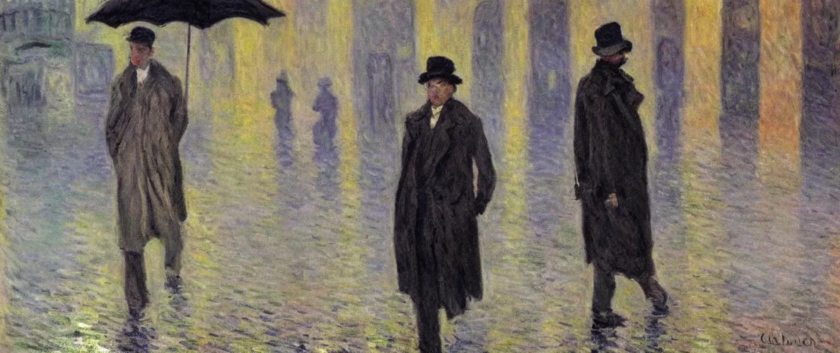 Image similar to a drunk and depressed film noir detective in a trench-coat, walking along a street; a painting by Claude Monet