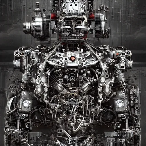 Prompt: God of machines, by Ben Nicholas, mechanical, highly detailed, cybernetic, dark, rusted, grimy, silver, digital art