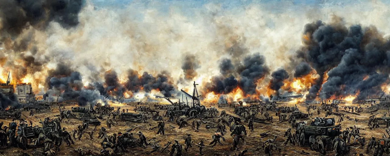 Image similar to a historical oil painting depicting the battle of mariupol 2022