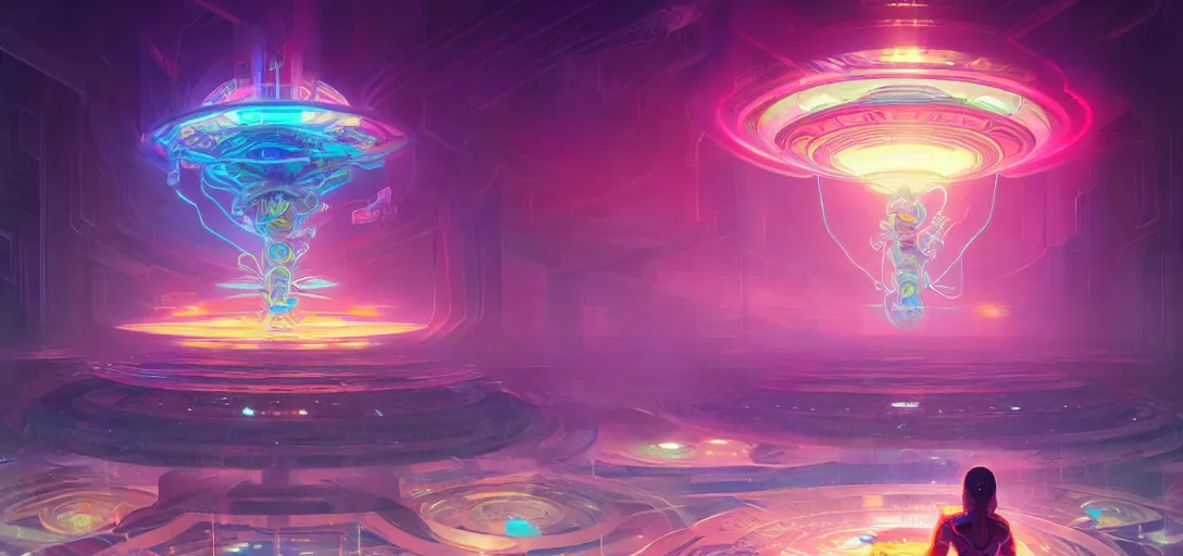 Image similar to a floating temple of androids, channeling swirling energy, wearing netrunner clothing, vaporwave aesthetic, colorful, psychedelic, digital painting, artstation, concept art, smooth, sharp focus, illustration, art by artgerm and greg rutkowski and alphonse mucha