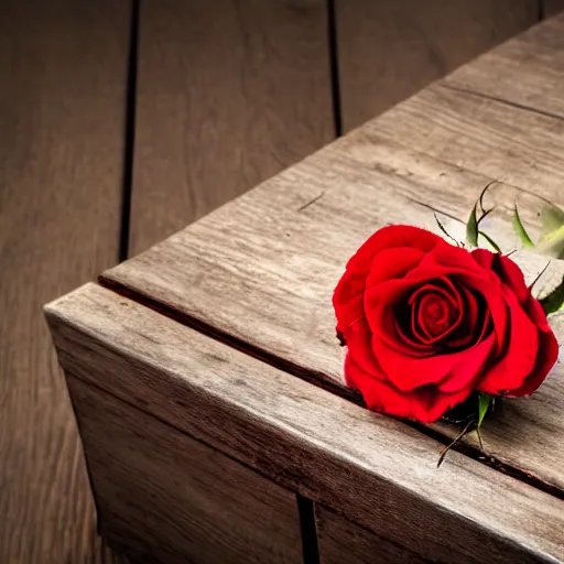 Prompt: Red rose resting on a small wooden box, wide lens, photo, detailed background