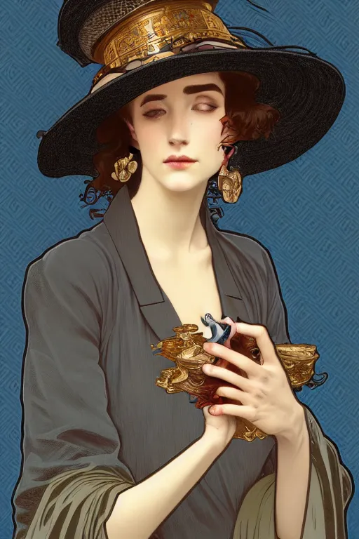 Image similar to Sad woman smoking a gigarette, wearing hat made of smoke and ashes, fantasy, intricate, elegant, highly detailed, digital painting, artstation, concept art, smooth, sharp focus, illustration, art by alphonse mucha and victor vasarely