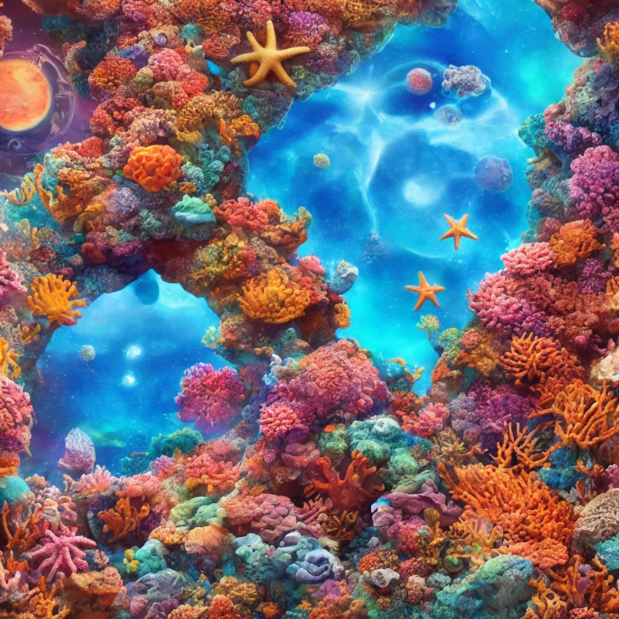 Prompt: album art of an alien planet made out of different coloured corals, with big starfish, creatures, rocky landscape, floating waterfalls, omni magazine, cinematic lighting, detailed