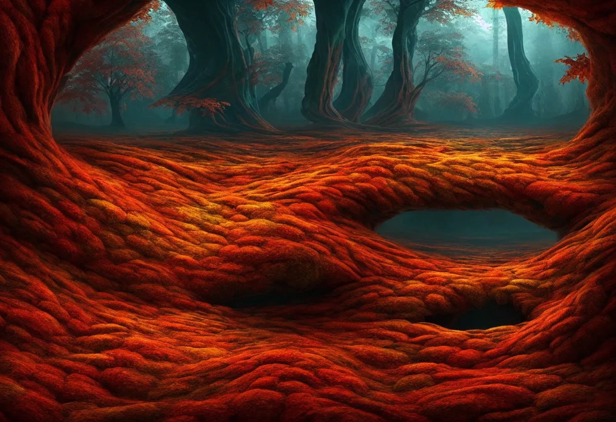 Prompt: inside of alien autumn colored flowing landscape of human mind and imagination, matte painting, beautiful render, octane render, concept art