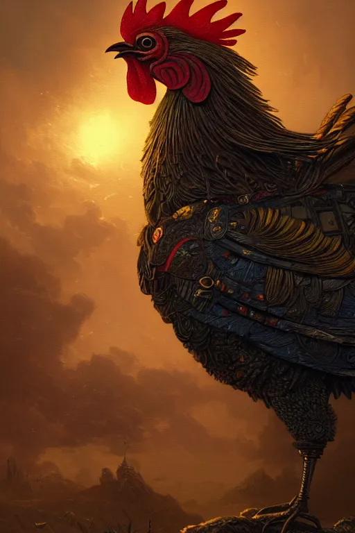 Image similar to a beautiful tarot card artwork of a rooster in armour, horror, backlit, gloomy sky, highly detailed, digital painting, intricate golden threads, by eddie mendoza and greg rutkowski and dan mumford and artgerm, vivid colors, detailed shading, 8 k resolution, intricate, smooth