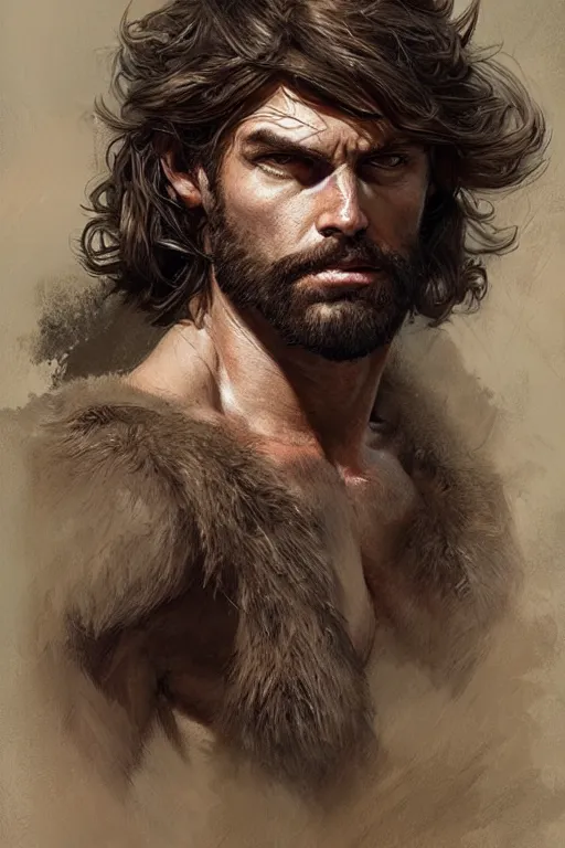 Image similar to portrait of a rugged ranger, muscular, upper body, hairy torso, D&D, fantasy, intricate, elegant, highly detailed, digital painting, artstation, concept art, matte, sharp focus, illustration, art by Artgerm and Greg Rutkowski and Alphonse Mucha