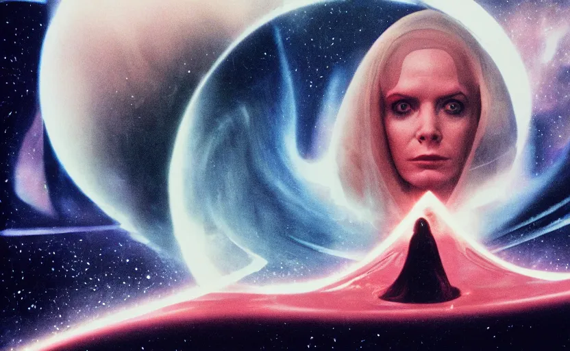 Prompt: screenshot portrait of female sith lord, on a planet of maelstrom, chaos, the world without form and void, 1970s film by Stanley Kubrick, iconic scene, HR Geiger design, stunning cinematography, hyper-detailed, sharp, anamorphic lenses, kodak color, 4k, stunning