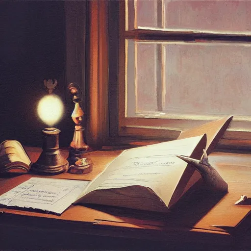 Image similar to a painting by greg rutkowski of a desktop in a dark room at night illuminated with a single dim desk lamp. on the desk sits a novel sitting and a small wooden box with ornate sculptured decoration and a glowing orb. also on the desk are, paper airplane, an ancient scroll scroll, pencils, pens, airplane magazine, overhead view, close up on book.