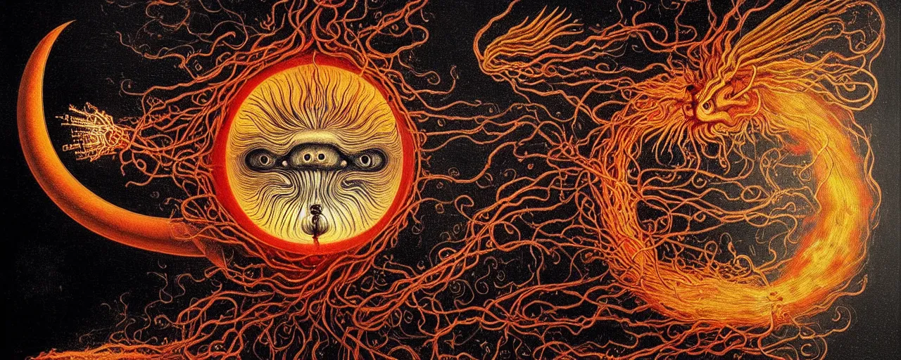 Image similar to a strange fire creature with endearing eyes radiates a unique canto'as above so below'while being ignited by the spirit of haeckel and robert fludd, breakthrough is iminent, glory be to the magic within, in honor of saturn, painted by ronny khalil