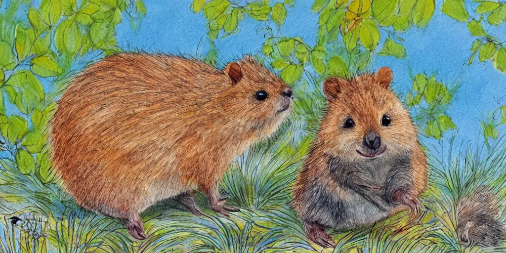 Prompt: detailed illustration, “A happy quokka on Rotttnest Island in the style of May Gibbs”,