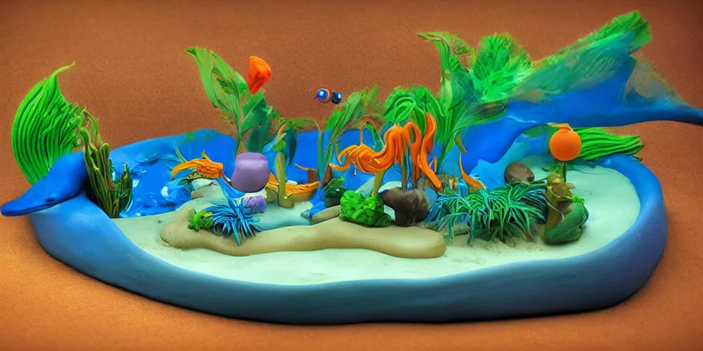 plasticine model, clay figures. side view of tropical