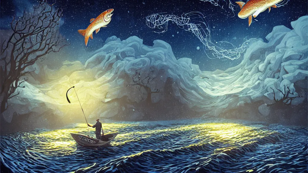 Image similar to 2 men fly fishing for salmon in iceland by cyril rolando and naomi okubo and dan mumford and ricardo bofill.. lovecraft.. cobbled streets.. oil lamp posts.. lovecraftian.. starry night swirly sky.