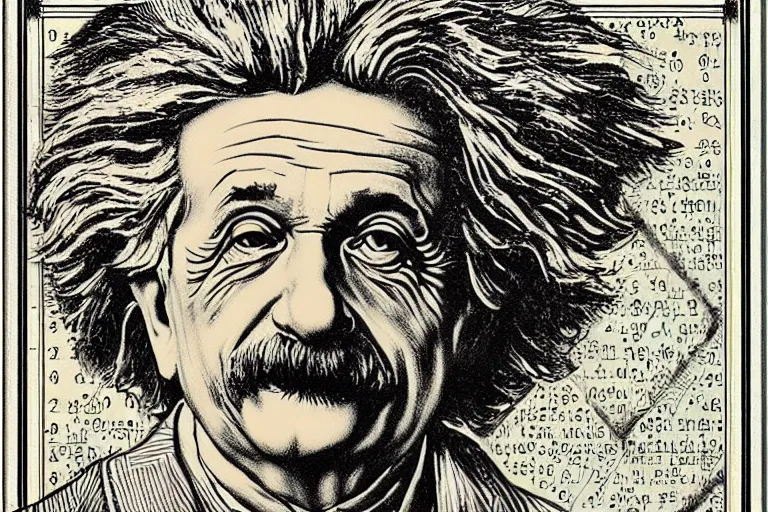 Image similar to an engraved portrait of albert einstein surrounded by intricate equations of theory of relativity, detailed!!! duotone engraving in the style of a postage stamp, freemason symbol, fine!!! lines, engraved by m. c. escher