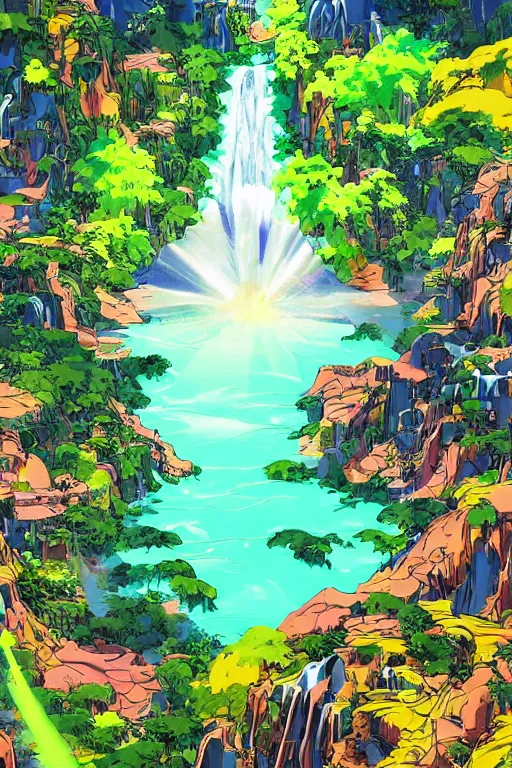 Image similar to landscape of an anime style with tropical flowers and waterfalls neon colors, bird eye view, bove rule of thirds golden ratio, fake detail, trending pixiv fanbox art by todd mcfarlane