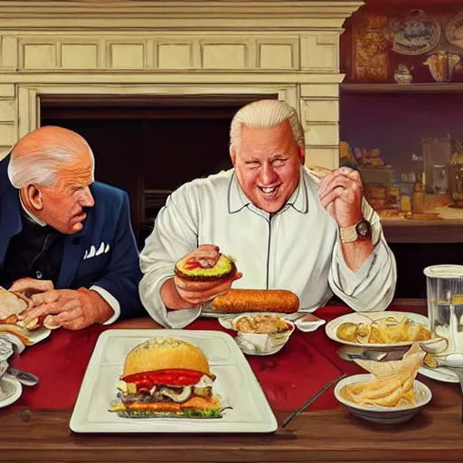 Prompt: Joe Biden and an obese chef eating together unhealthy food at the white house, highly detailed, digital painting, artstation, concept art, sharp focus, illustration, art by artgerm and greg rutkowski and alphonse mucha and Norman Rockwell