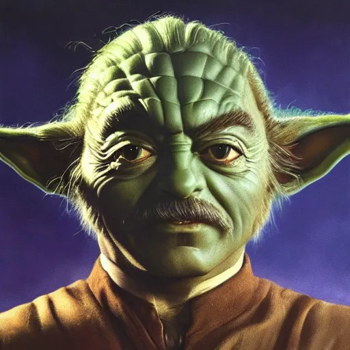 Image similar to ultra realistic portrait painting of tom selleck as yoda, art by frank frazetta, 4 k, ultra realistic, highly detailed, epic lighting