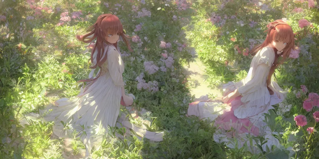 Image similar to a digital art of a loli with long hair in a dress in the privet garden at after noon, green and warm theme, back lighting, by krenz cushart and mucha and akihito yoshida and greg rutkowski and makoto shinkai, extremely long shot, detailed eyes, 4 k resolution, highly detailed, trending on art station