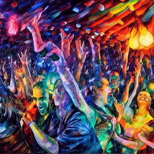 Image similar to rave dance party in the dark with glow sticks by arthur adams, charlie bowater, leonid afremov, chiho ashima, karol bak, david bates, tom chambers