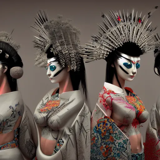 Image similar to japanese cyborg geishas in a ceremony with extremely detailed headdress, inspired by die antwoord beautiful, hand painted textures, cloth physics, deviantart, karol bak, masamune shirow, black and white, beautiful kawaii lighting, photorealistic, concept art, perfect render, 3 d render, pixar, 8 k