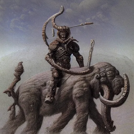 Image similar to mammoth rider concept art, clad in ancient norse armor, beksinski