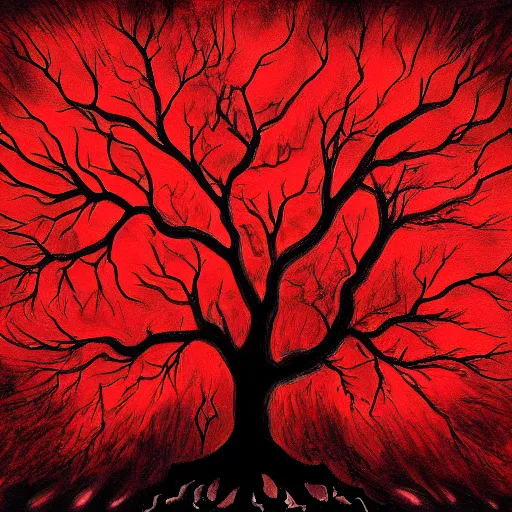 Image similar to Black flames charring the red tree, art station award winning, highly detailed