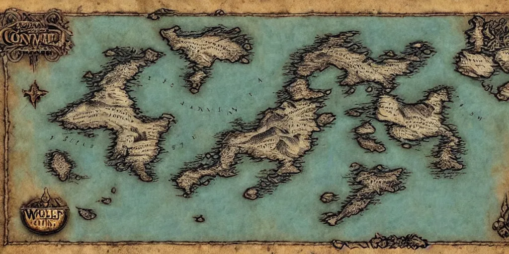 Image similar to Map of the realm of the wolf crew. a continent in the shape of a wolf's face. Ancient magic, medieval fantasy map, mountains, islands, forests. Map-style Skyrim, Lord of the rings map, zelda breath of the wild map, video game style, drawing on a parchment