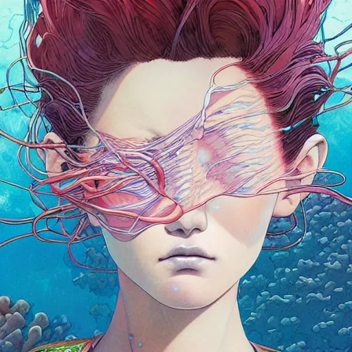 Image similar to woman with coral reef hair portrait soft light painted by james jean and katsuhiro otomo and erik jones, inspired by akira anime, smooth face feature, intricate oil painting, high detail illustration, sharp high detail, manga and anime 1 9 9 9