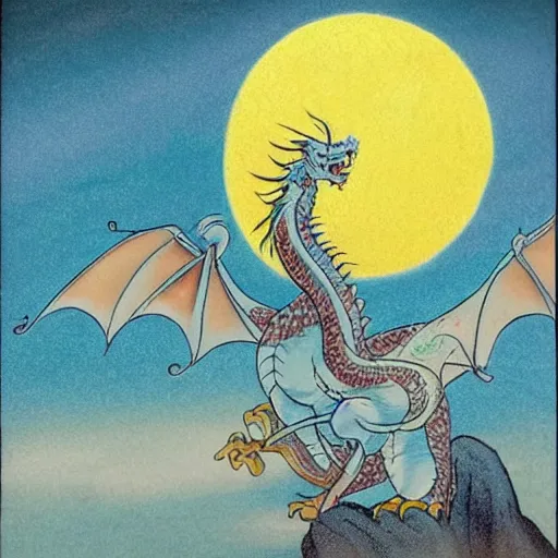 Image similar to Snow-white dragon Haku frolics in the sunset sky, Japanese painting, pastel colors