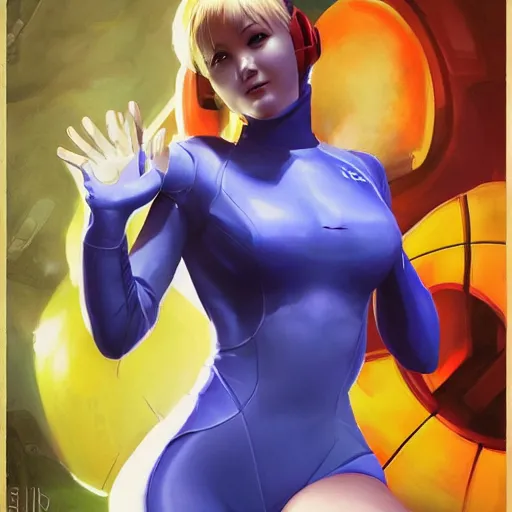 Prompt: portrait of beautiful Zero Suit Samus, League of Legend illustration by Sam Youn:2, profile picture by Gil Elvgren:2, asymmetrical, Organic Painting, Ambient Occlusion:3, Matte Painting, bold shapes, hard edges, street art, trending on artstation, realistic:2 by Sachin Teng:5