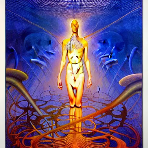 Image similar to realistic extremely detailed portrait painting of a glowing silhouette, futuristic sci-fi landscape on background by Jean Delville, Amano, Yves Tanguy, Alphonse Mucha, Ernst Haeckel, Edward Robert Hughes, Roger Dean, rich moody colours, blue eyes