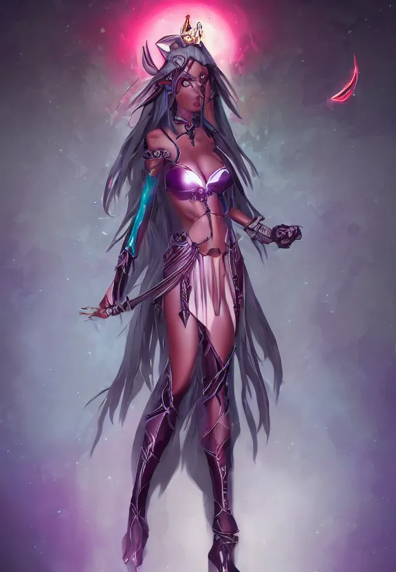 Prompt: dark elf girl colorful concept design art, symmetrical, short dress, glowing eyes, detailed body, full body, detailed face, ultradetailed digital illustration, 8 k, epic atmosphere, digital art by simon cowell and moebius