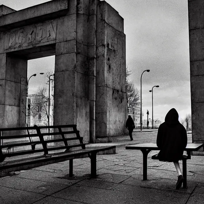 Prompt: sadie sink in hoodie sits on bench in ruined square, pedestrians walk by, old soviet monument. storyboard, scifi cyberpunk. by gabriel hardman, joe alves, chris bonura. cinematic atmosphere, detailed and intricate, perfect anatomy