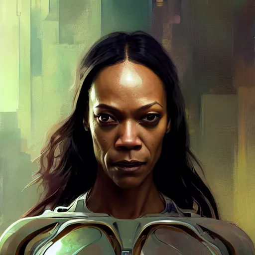 Image similar to cyborg Zoe saldana profile picture by Greg Rutkowski, dynamic pose, intricate, futuristic, fantasy, elegant, by Stanley Artgerm Lau, greg rutkowski, thomas kindkade, alphonse mucha, loish, norman Rockwell,