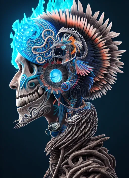 Image similar to 3 d shaman with tattoos profile portrait, sigma 5 0 0 mm f / 5. beautiful intricate highly detailed quetzalcoatl skull and feathers. bioluminescent, plasma, lava, ice, water, wind, creature, thunderstorm! artwork by tooth wu and wlop and beeple and greg rutkowski, 8 k trending on artstation,