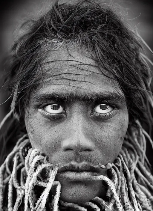 Image similar to Award winning Editorial photo of a Native Nauruans with incredible hair and beautiful hyper-detailed eyes wearing traditional garb by Lee Jeffries, 85mm ND 5, perfect lighting, gelatin silver process